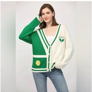 Fate Pickleball Cardigan Sweater Women M Green White Varsity Button Front Knit